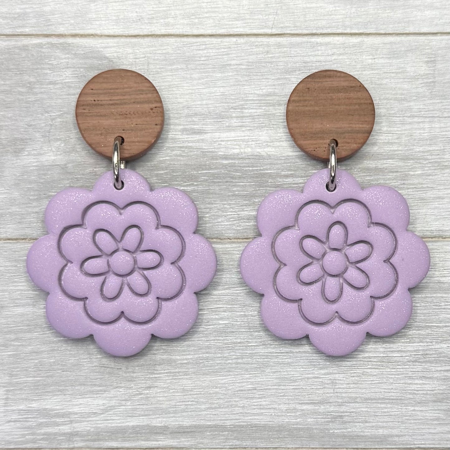 Spring Purple Flower with Faux Wood Stud Dangles