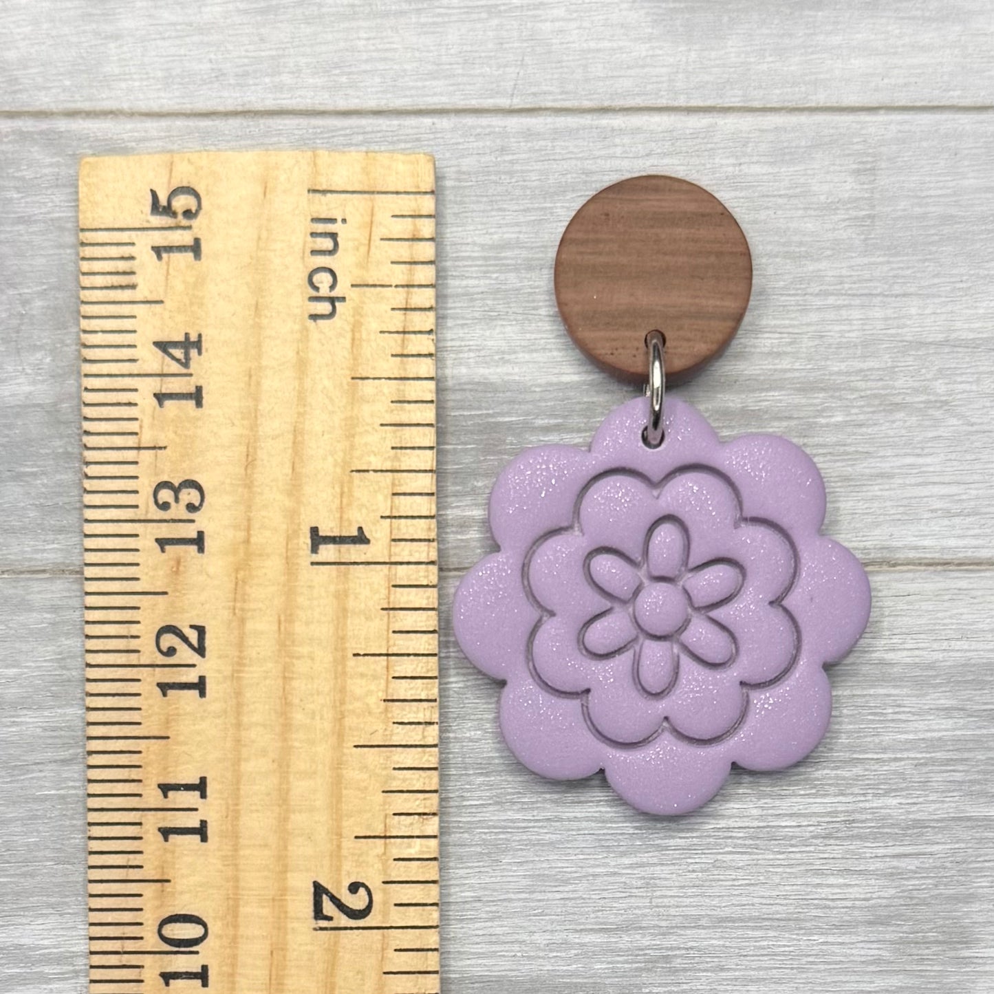 Spring Purple Flower with Faux Wood Stud Dangles