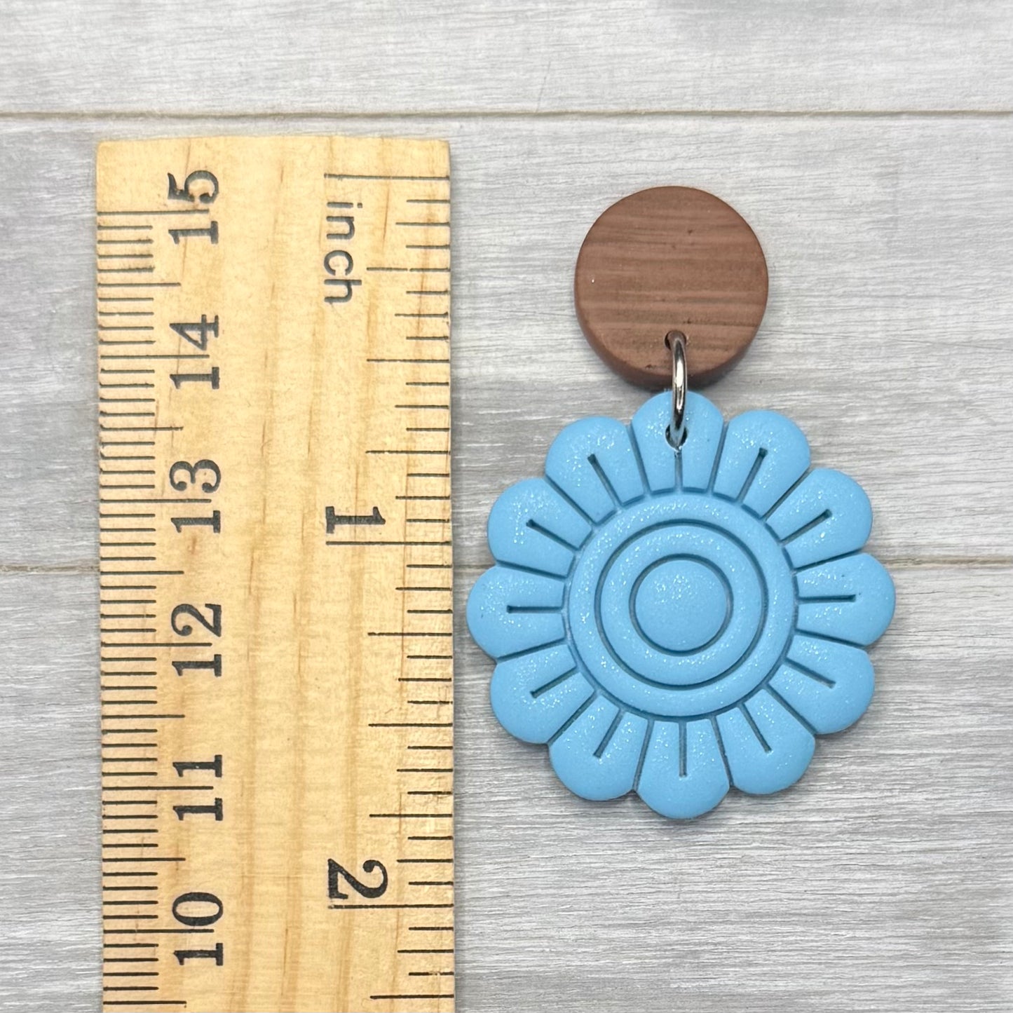 Spring Blue Flower with Faux Wood Stud Dangles