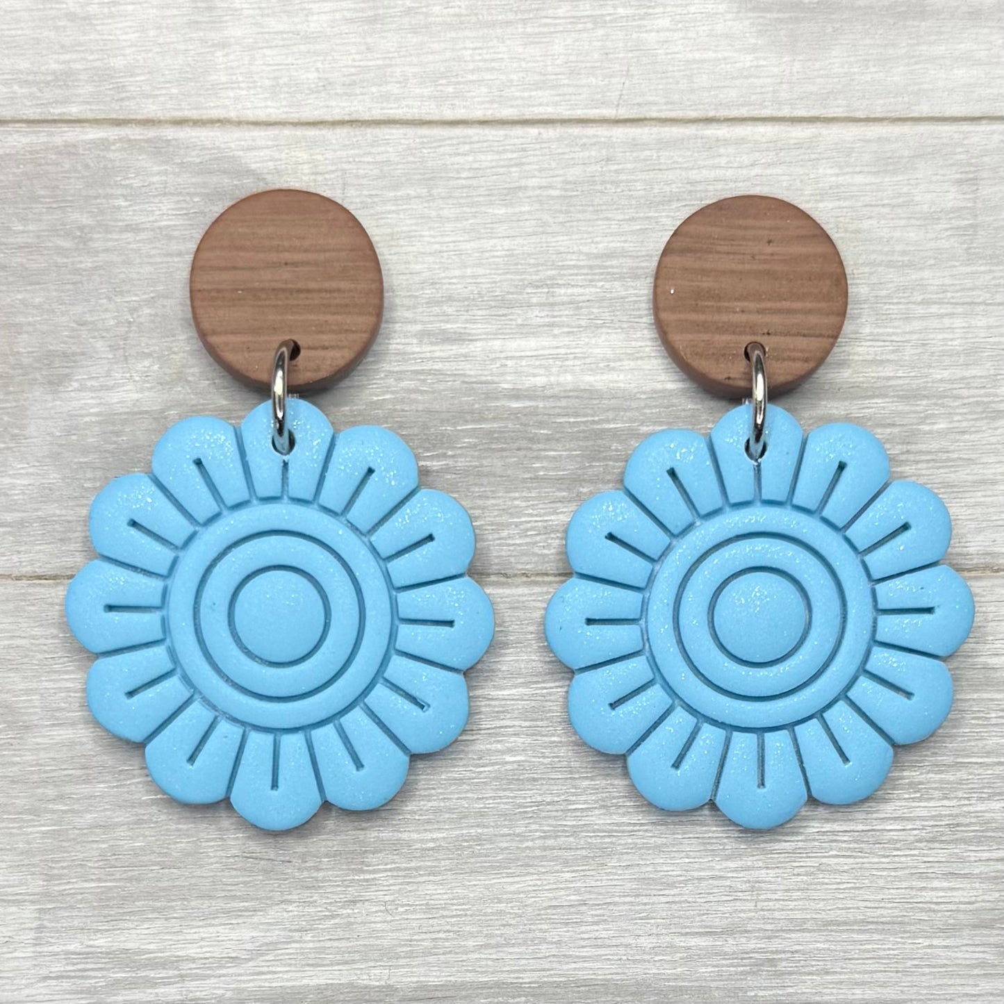 Spring Blue Flower with Faux Wood Stud Dangles