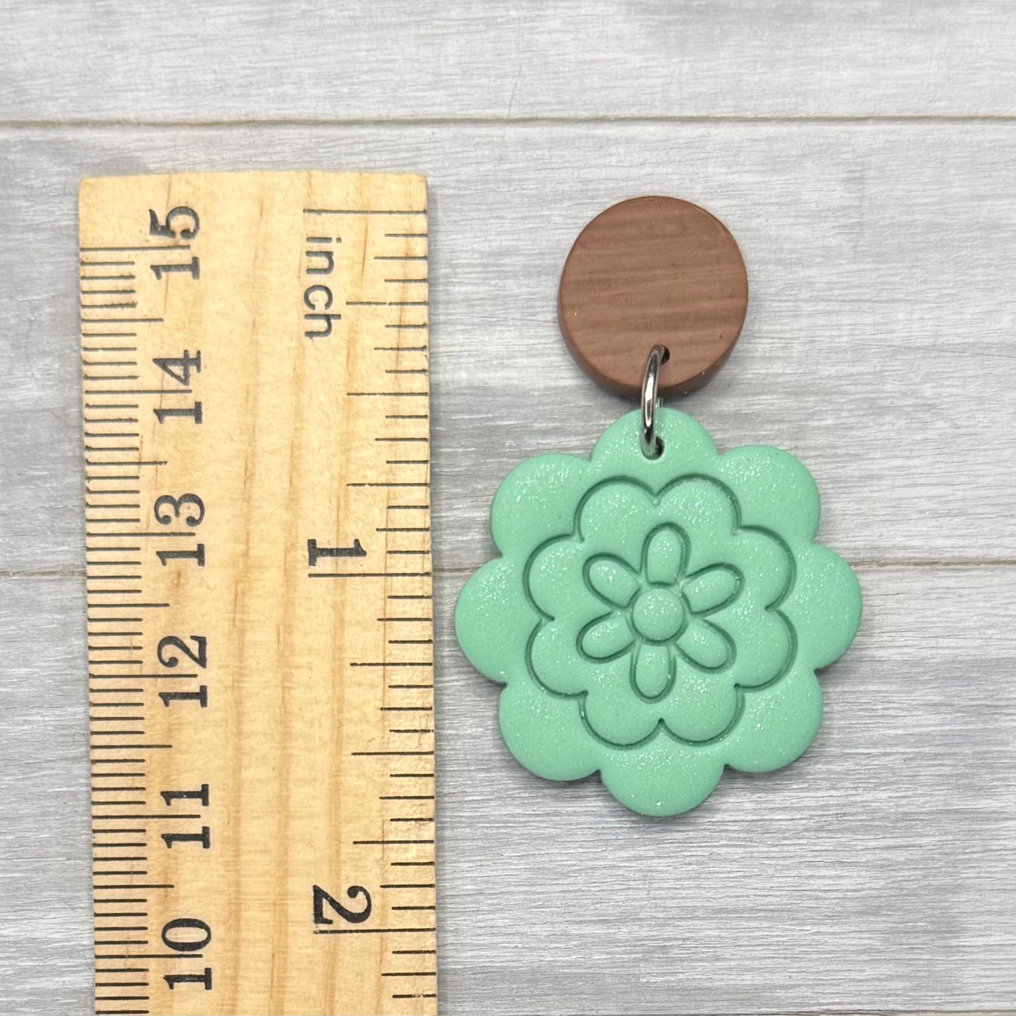 Spring Green Flower with Faux Wood Stud Dangles