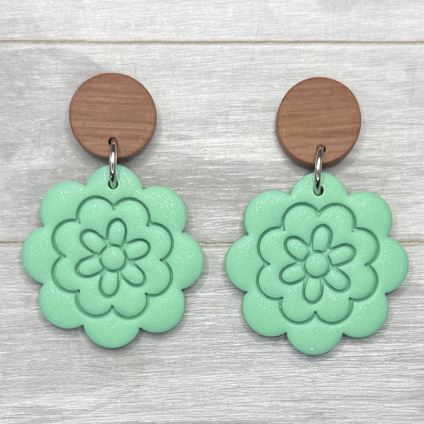 Spring Green Flower with Faux Wood Stud Dangles