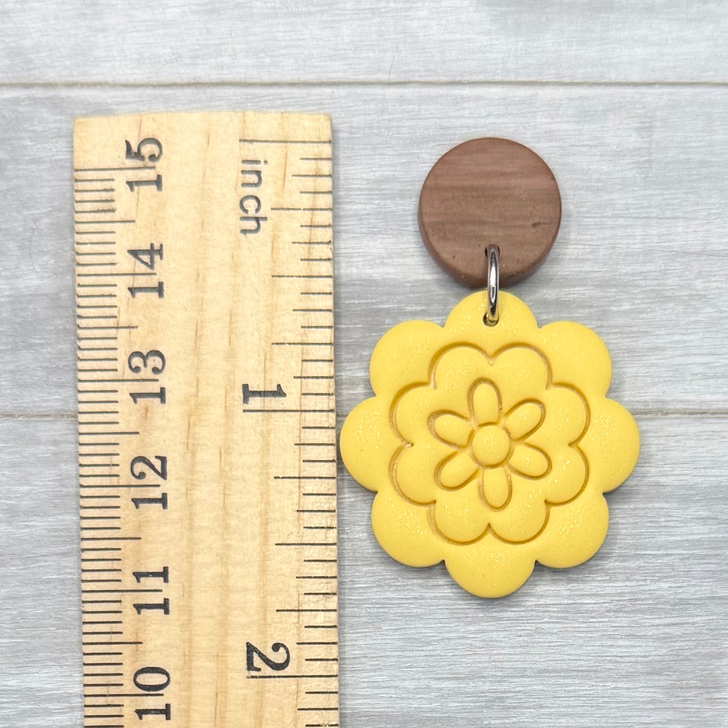 Spring Yellow Flower with Faux Wood Stud Dangles
