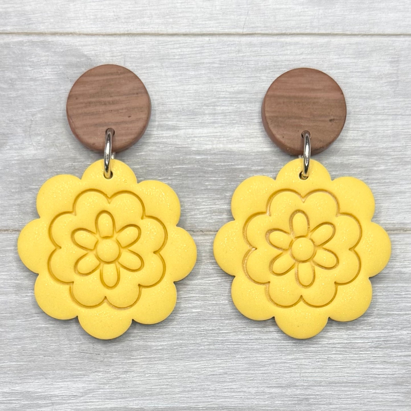 Spring Yellow Flower with Faux Wood Stud Dangles