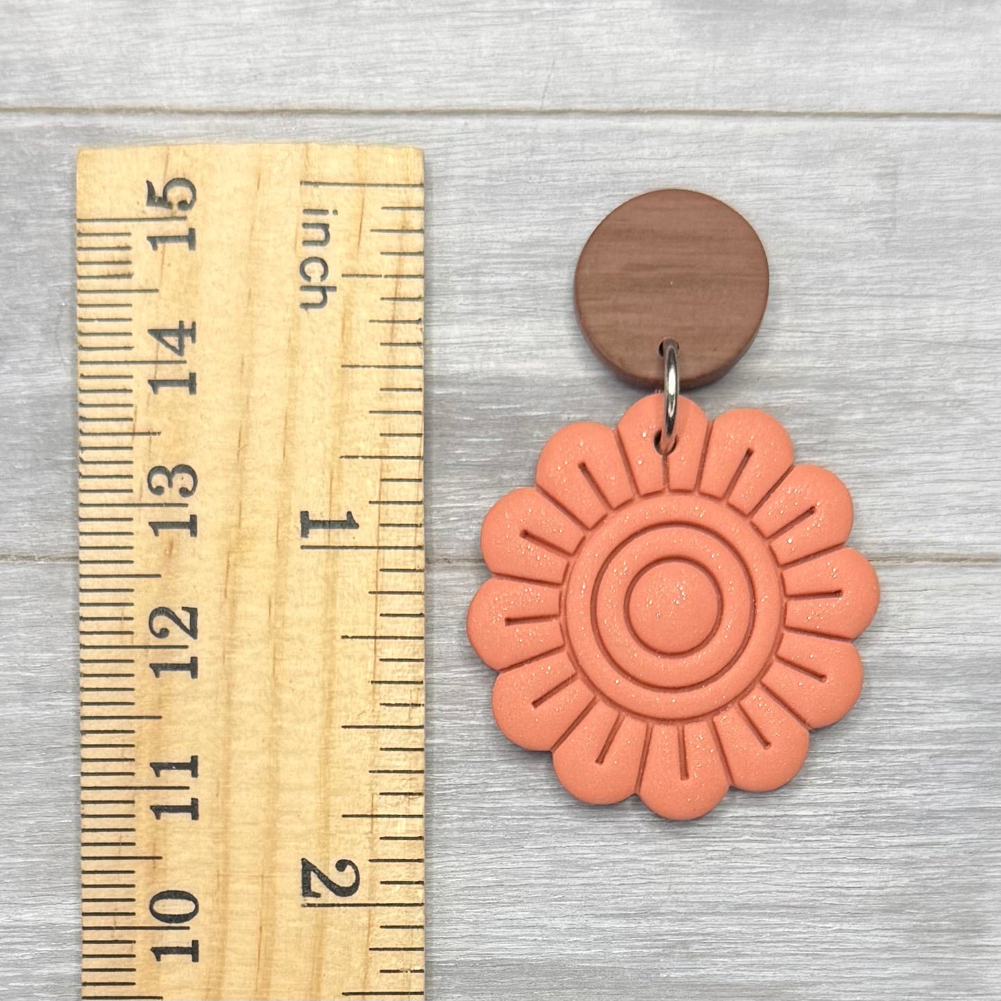 Spring Orange Flower with Faux Wood Stud Dangles