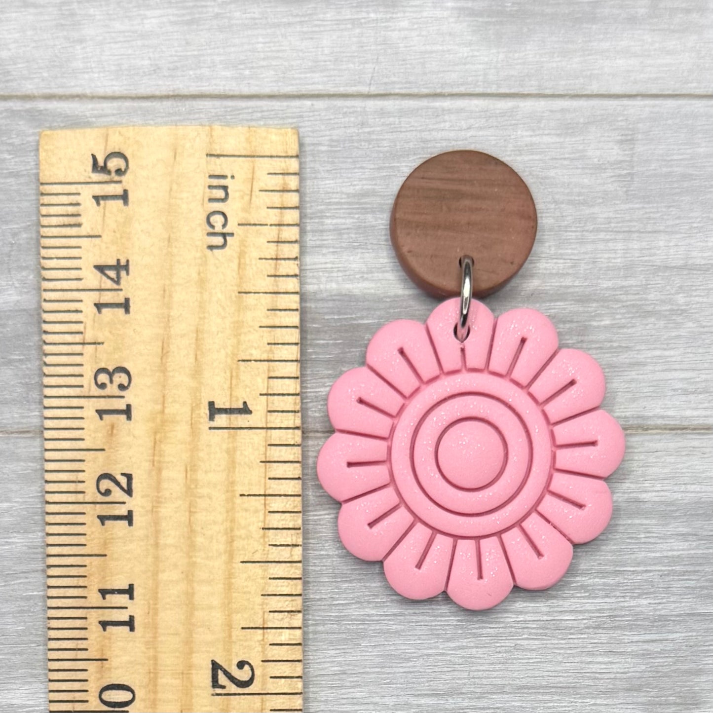 Spring Pink Flower with Faux Wood Stud Dangles