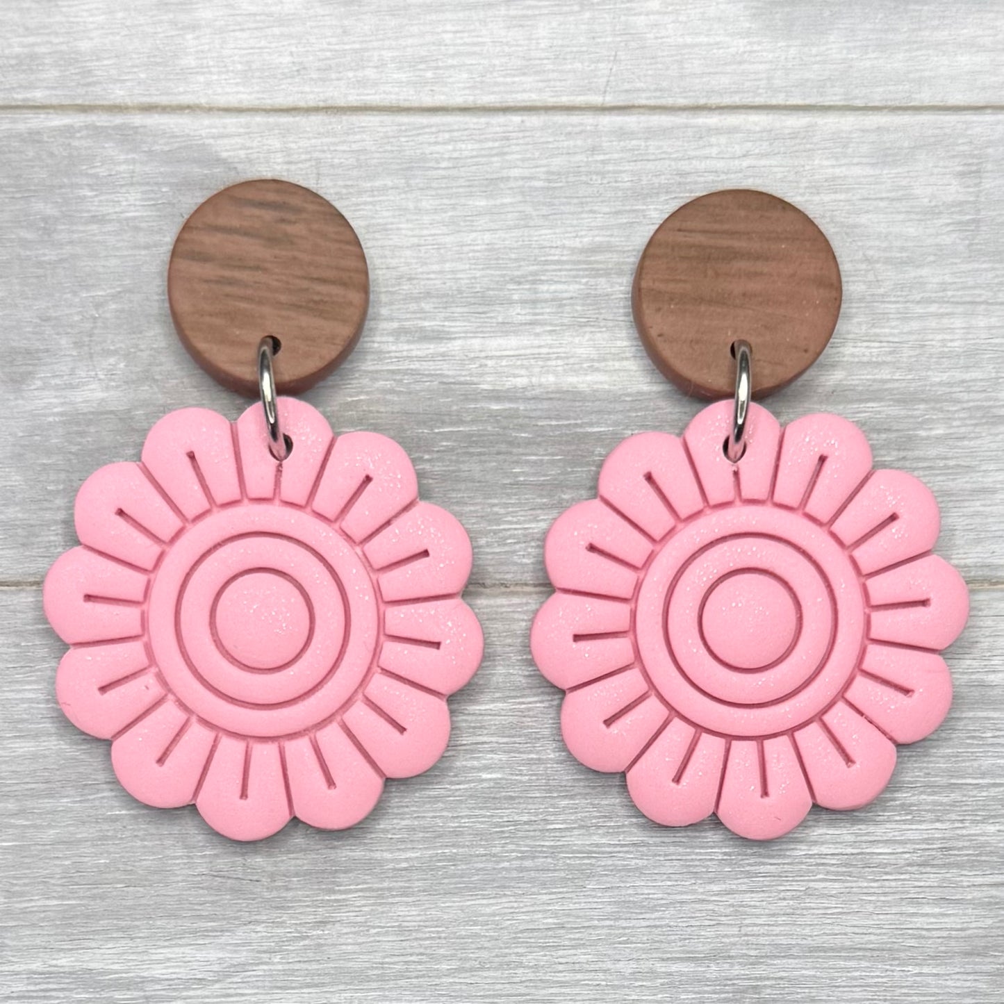 Spring Pink Flower with Faux Wood Stud Dangles