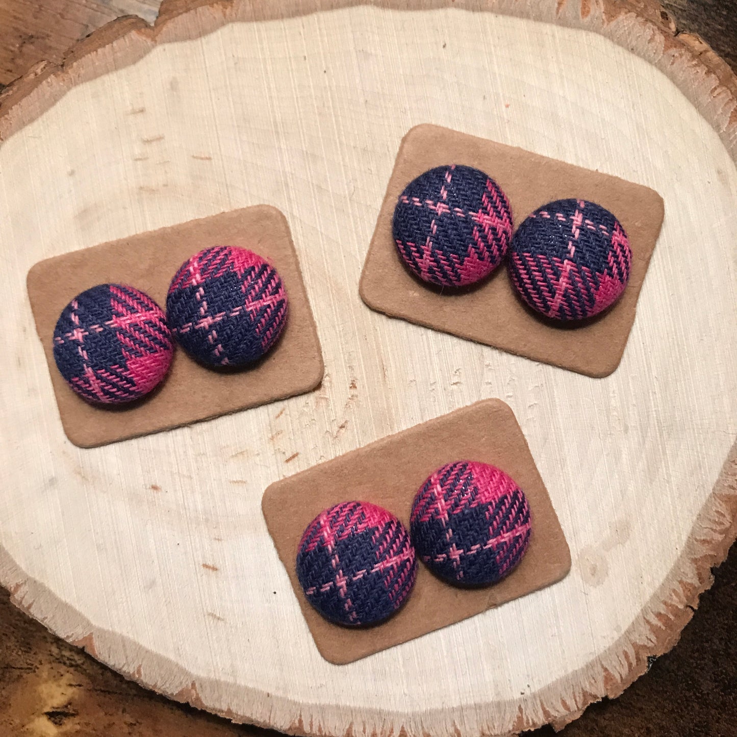 Pink & Navy Plaid Fabric Button Earrings