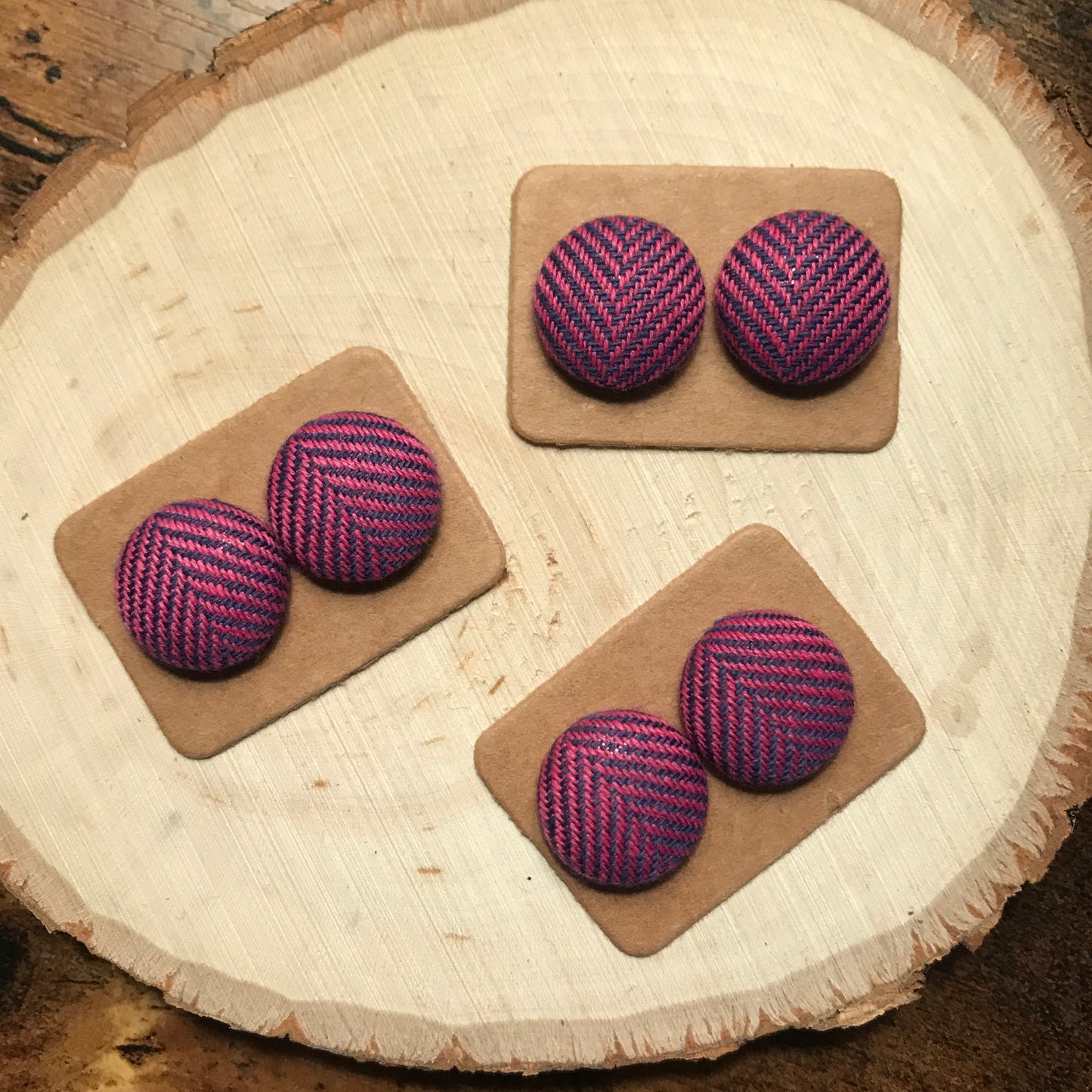 Pink Herringbone Fabric Button Earrings