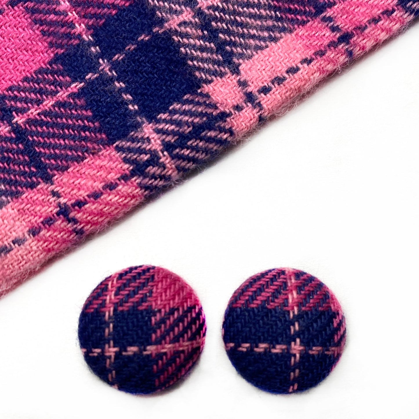 Pink & Navy Plaid Fabric Button Earrings