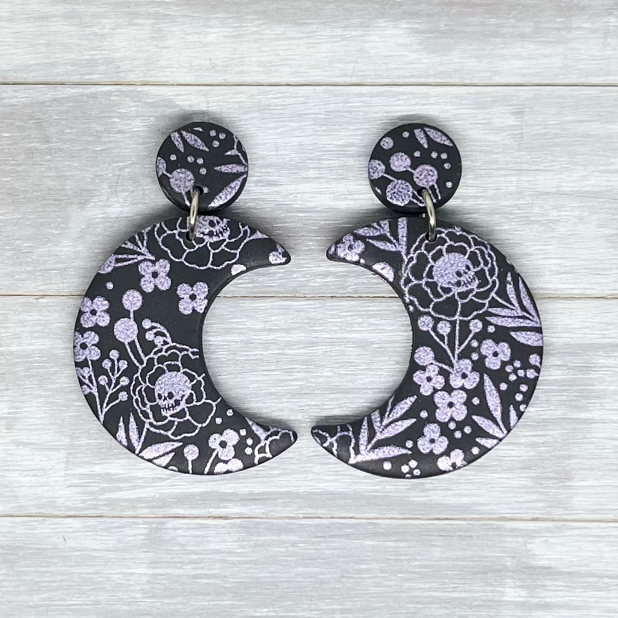 Floral Skull Moon Stud Dangles