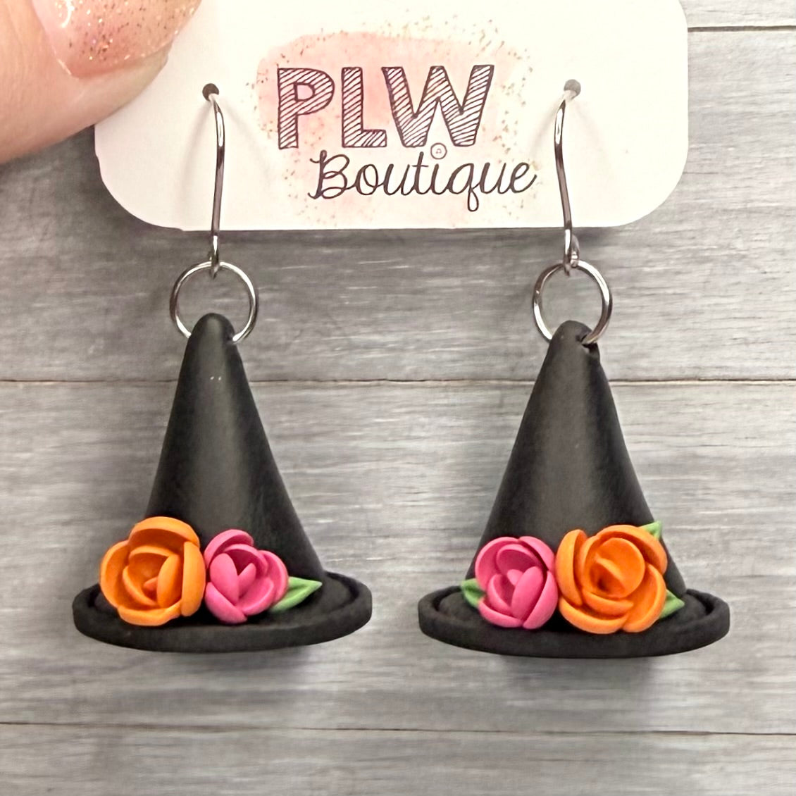 3D Orange & Pink Floral Witch Hat Dangles