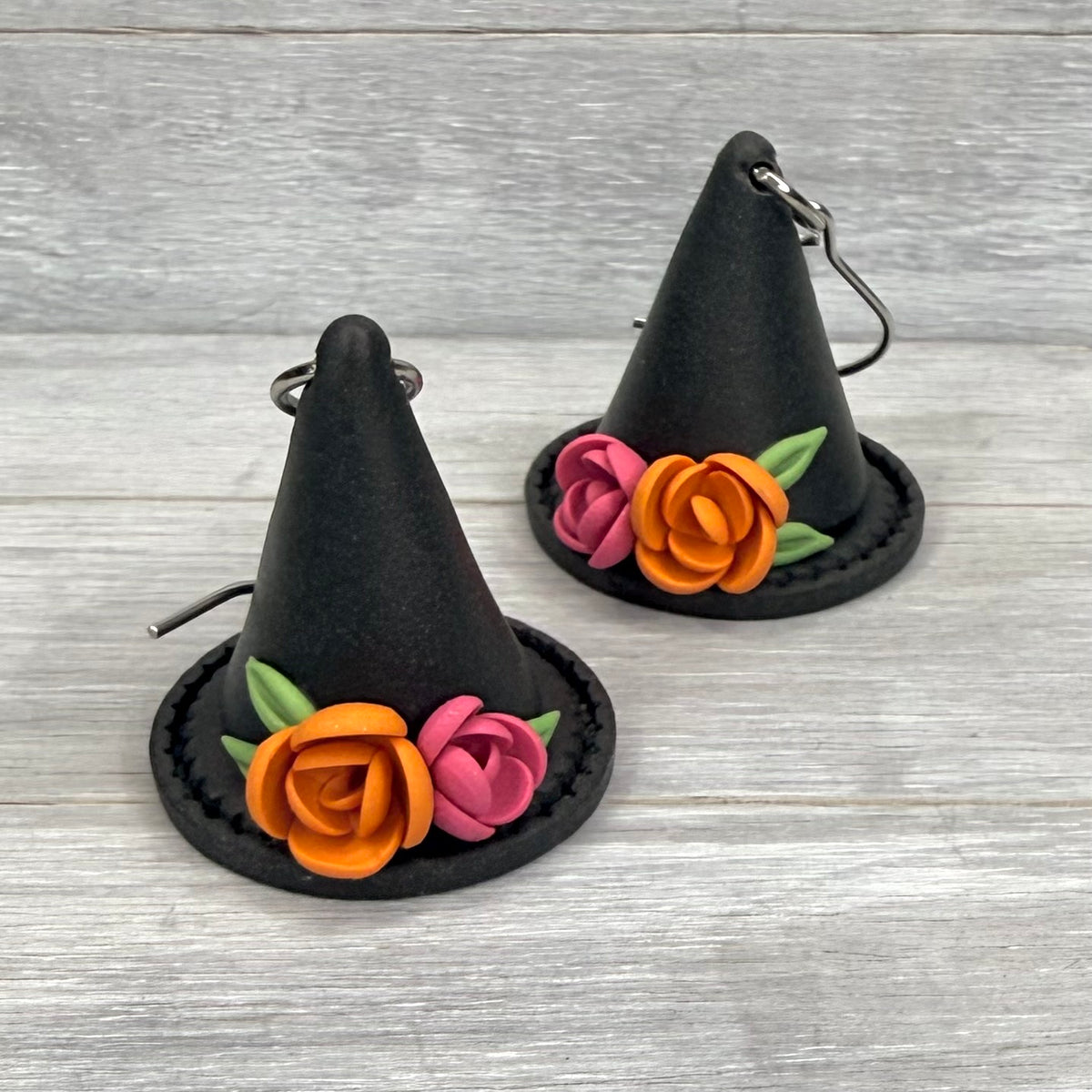 3D Orange & Pink Floral Witch Hat Dangles