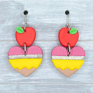 Pencil Hearts & Apples Polymer Clay Dangles