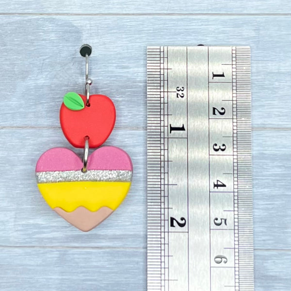 Pencil Hearts & Apples Polymer Clay Dangles