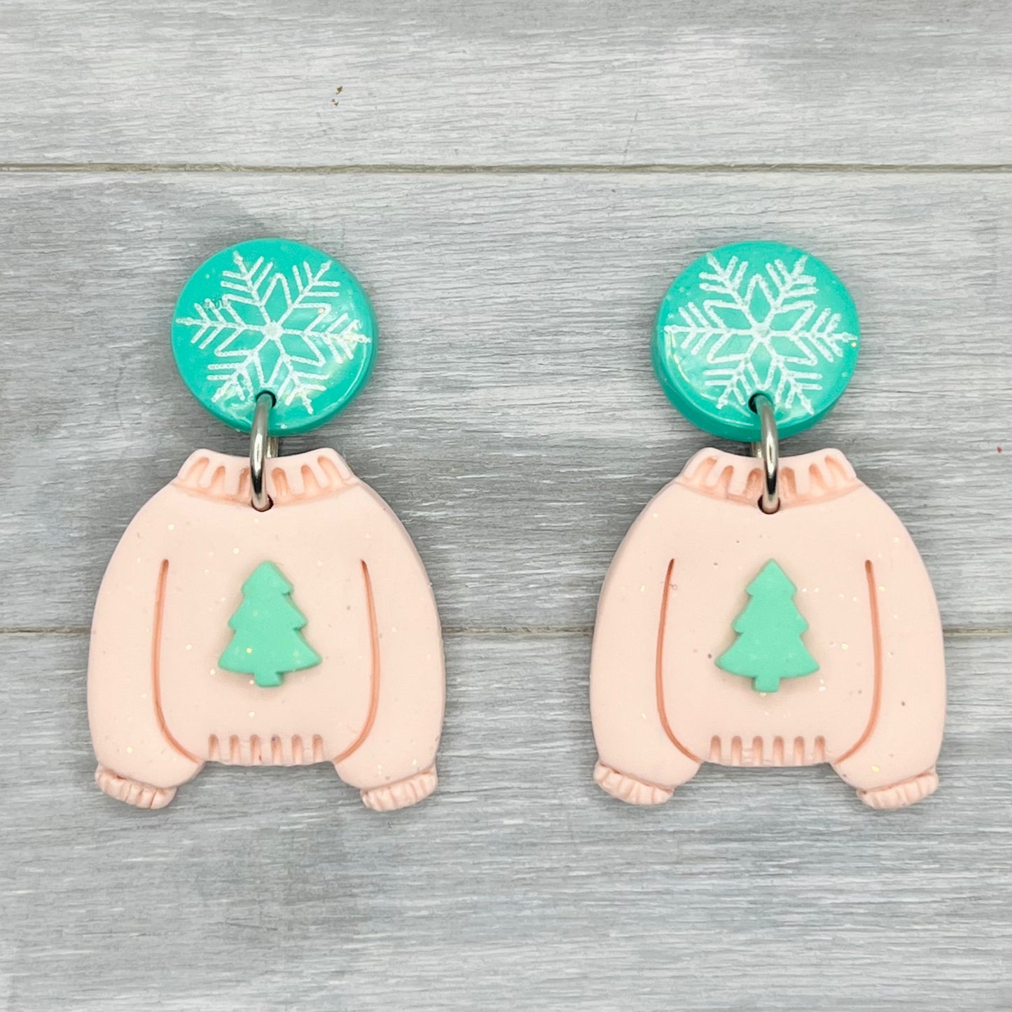 Pink & Mint Tree Sweater Stud Dangles