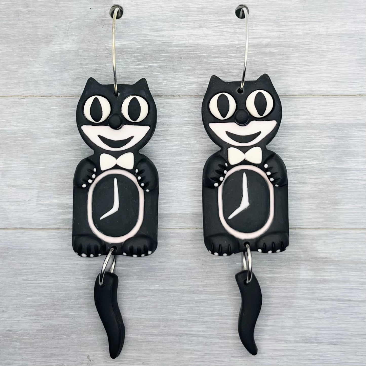 Cat Clock Polymer Clay Hoop Dangles