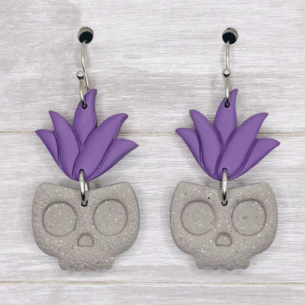 Purple Succulent Skull Clay Dangles