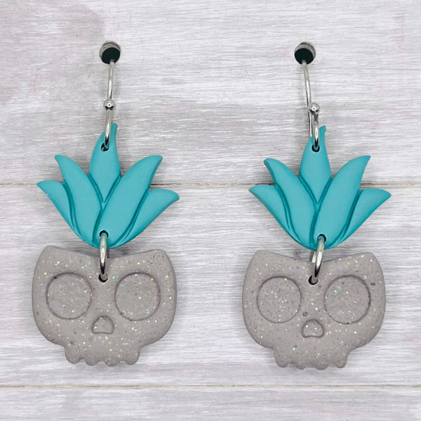 Teal Succulent Skull Clay Dangles