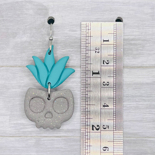 Teal Succulent Skull Clay Dangles