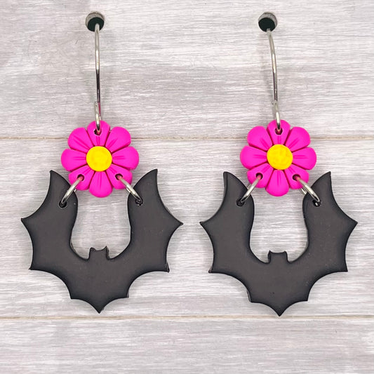 Pink Flower Bats Polymer Clay Dangles