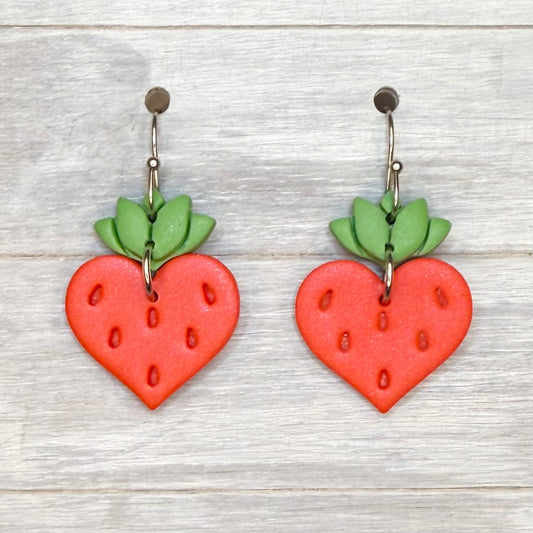 Strawberry Heart Clay Dangles