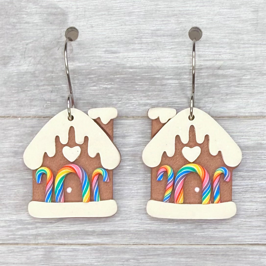 Rainbow Gingerbread House Polymer Clay Dangles