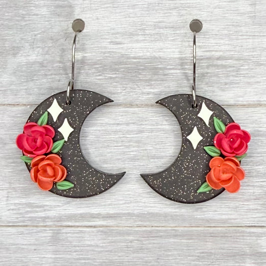 Pink & Orange Floral Moon Dangles