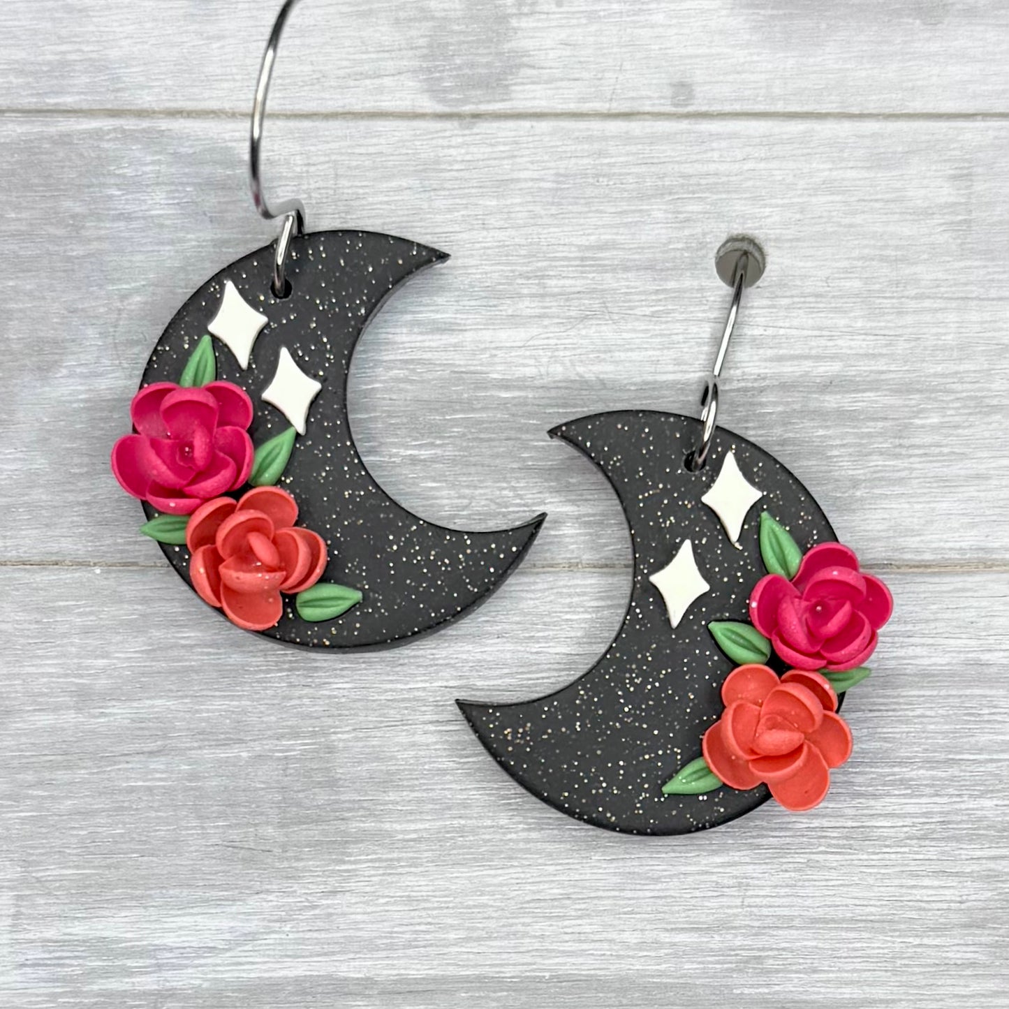 Pink & Orange Floral Moon Dangles