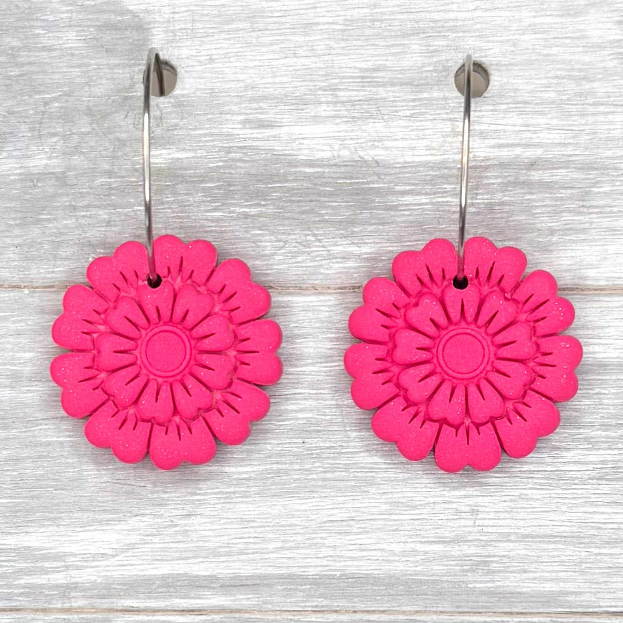 Pink Flower Hoop Dangles