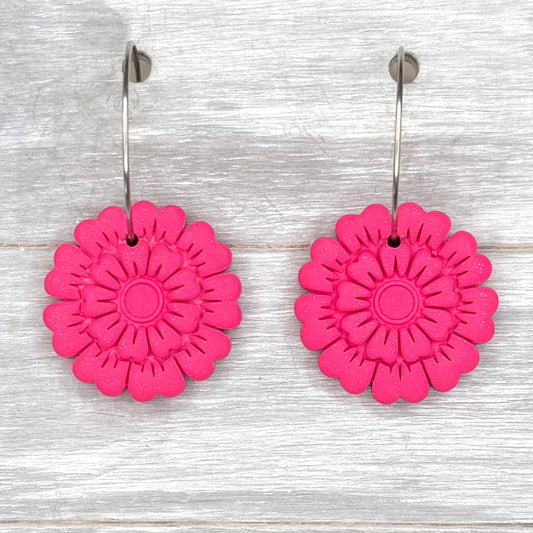 Pink Flower Hoop Dangles