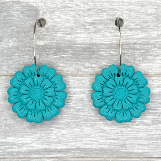 Teal Flower Hoop Dangles