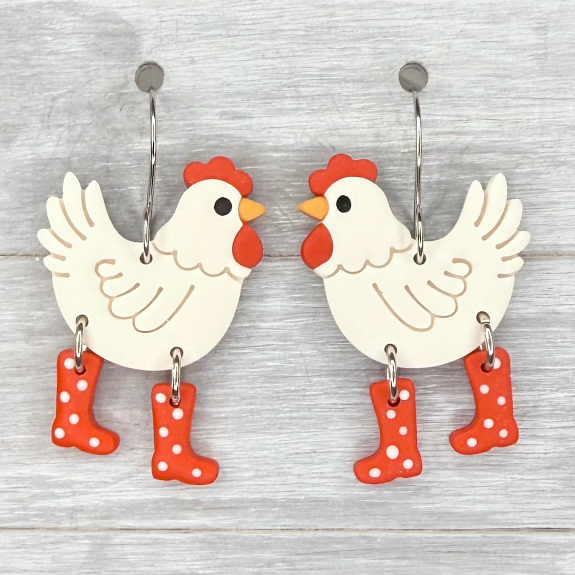 White Chicken with Polka Dot Boots Dangles