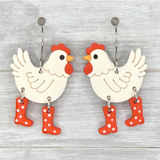 White Chicken with Polka Dot Boots Dangles