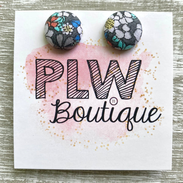Gray Floral Fabric Button Earrings