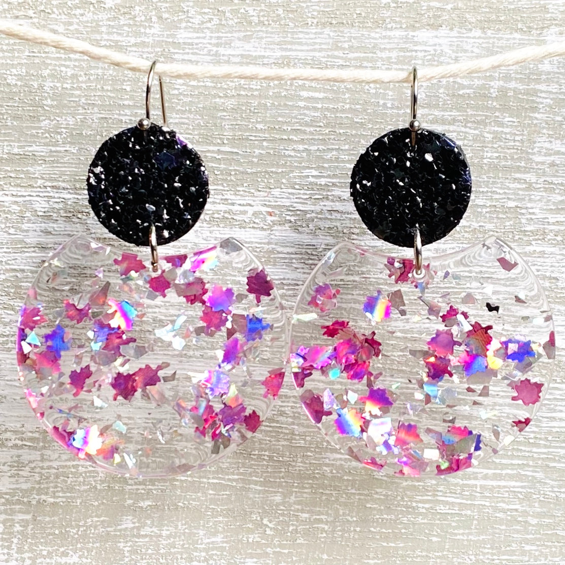 Silver & Pink Leaves Glitter Acrylic/Leather Dangles