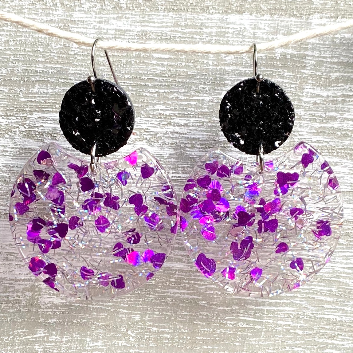 Purple Hearts & Silver Glitter Acrylic/Leather Dangles