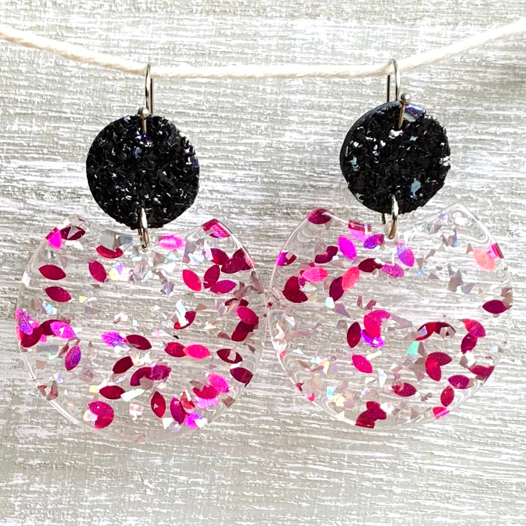 Fuchsia & Silver Glitter Acrylic/Leather Dangles