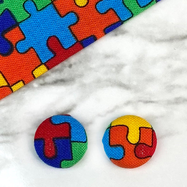 Autism Awareness Fabric Button Earrings