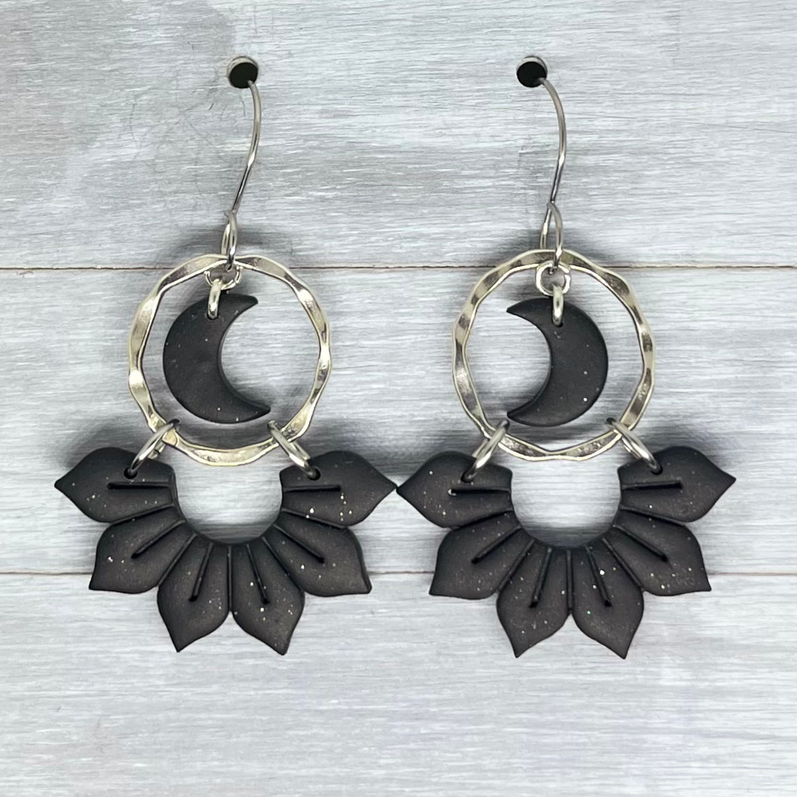 Black Moon Flower Polymer Clay Dangles