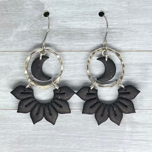 Black Moon Flower Polymer Clay Dangles