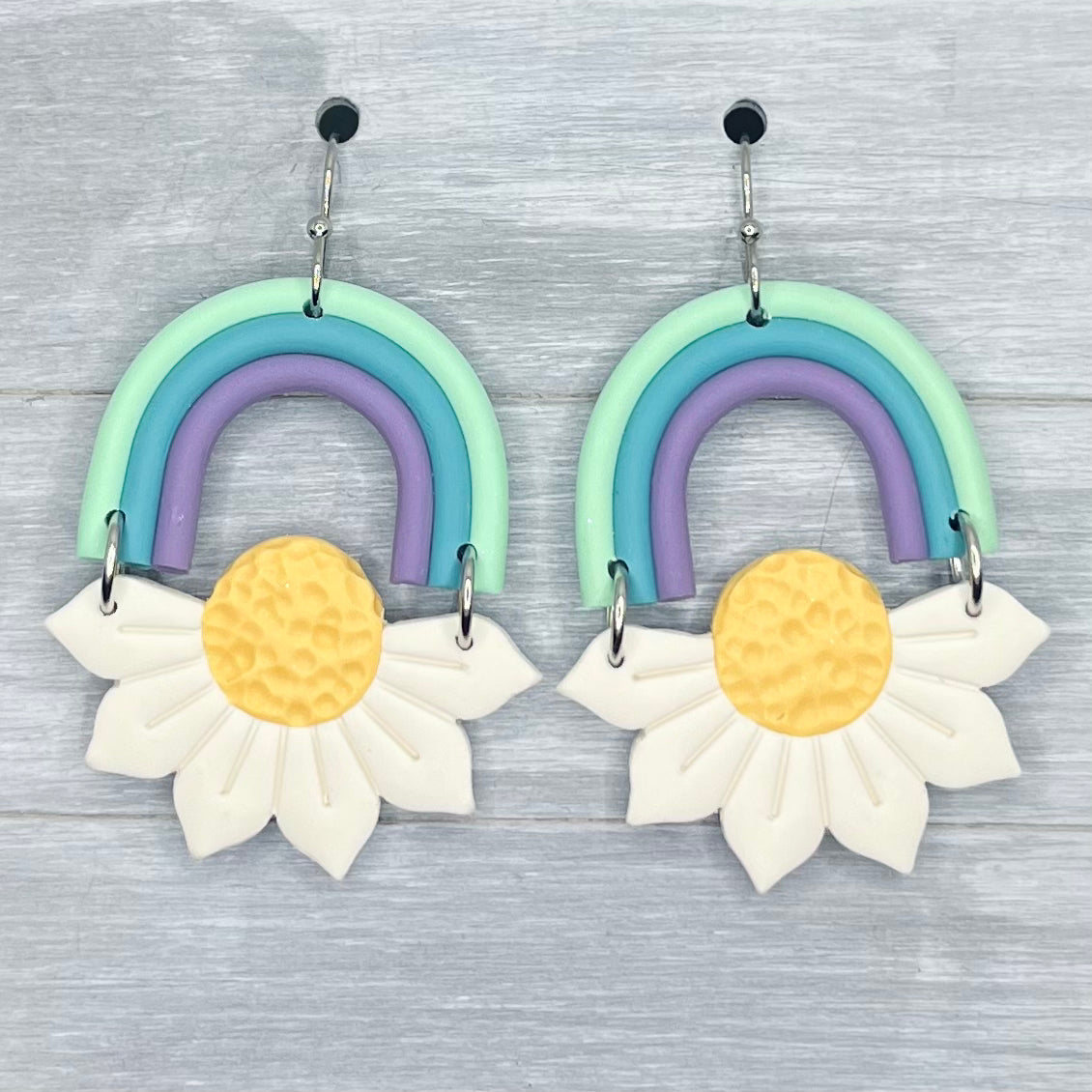 Cool Rainbow Arch Daisy Polymer Clay Dangles