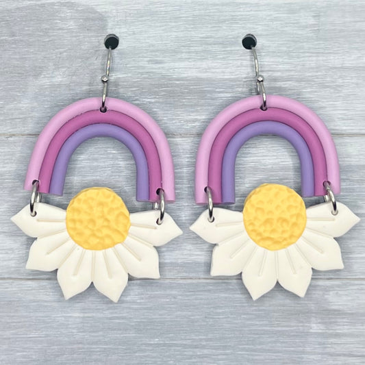 Purple Rainbow Arch Daisy Polymer Clay Dangles