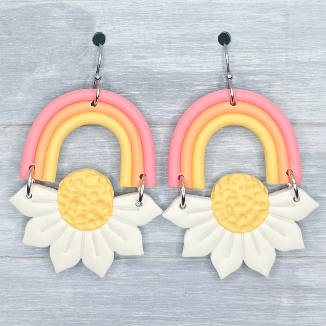 Warm Rainbow Arch Daisy Polymer Clay Dangles