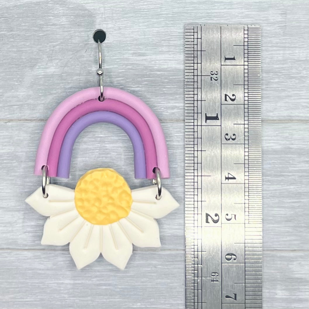 Purple Rainbow Arch Daisy Polymer Clay Dangles