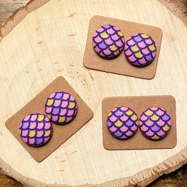 Pink & Purple Mermaid Fabric Button Earrings