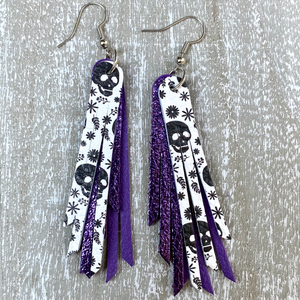 Metallic Purple Black and White Skull Layered Fringe Earrings