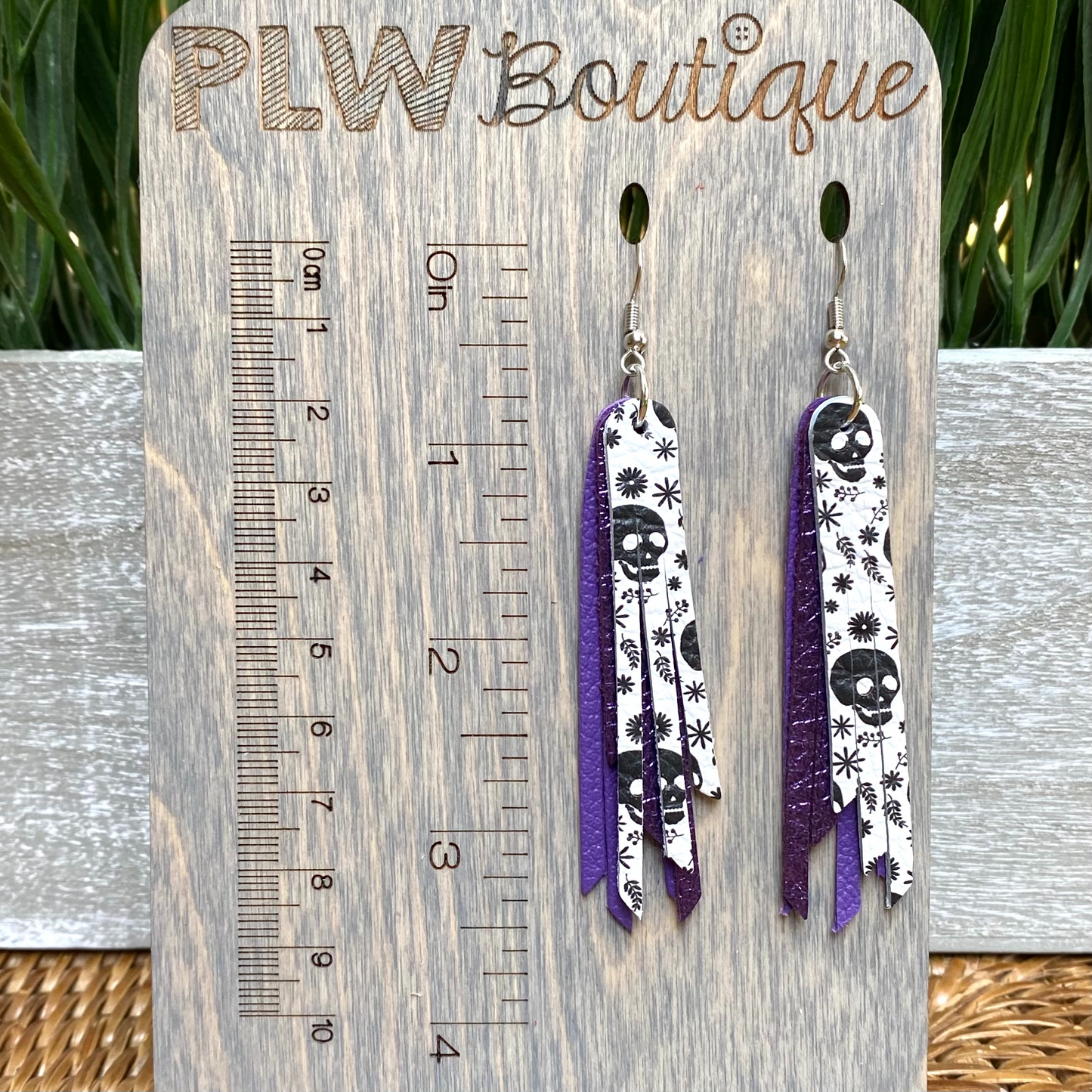 Metallic Purple Black and White Skull Layered Fringe Earrings