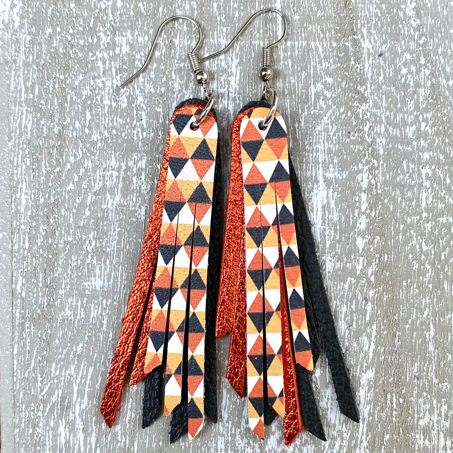 Geometric Halloween and Metallic Orange Layered Fringe Earrings