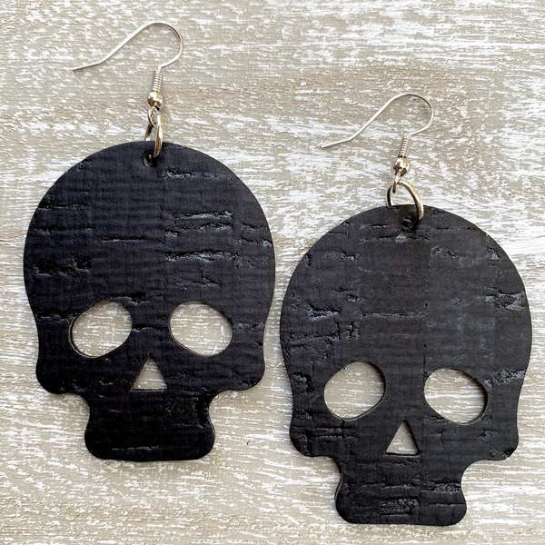 Black Skull Cork Leather Earrings